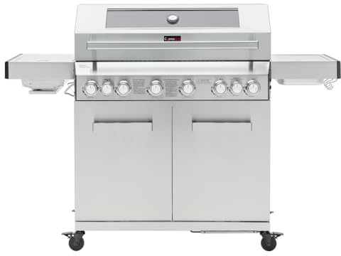 CosmoGrill 8 Burner Stainless Steel Yamara 6+2 Gas BBQ, Viewing Glass, 6 Main Burners, 1 Ceramic Sear Zone, 1 Back Grill, Cast Iron Grills & Bamboo Storage (Silver)