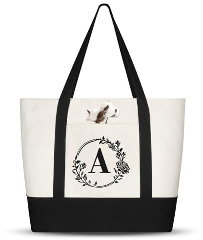 Aucuu Borsa Tote in Tela, Iniziali Tote Bag da Donna, Borsa Regalo Personalizzata, Grande Borsa Shopper con Lettere, Borsa da Spiaggia, Regali per Amica, Regalo di Compleanno, Festa Della Mamma-A