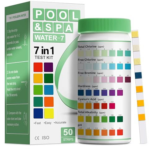 AAwipes - Juego de tiras de prueba 7 en 1 para piscina y spa, medición precisa de bromo, ácido total, pH, cloruro libre, dureza del agua, ácido cianúrico y cloro, total 50