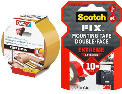Tesa Extra Strong Ruban Adhésif Double Face de Fixation pour Sols Irréguliers & Scotch-Fix Ruban Adhésif Double Face de fixation Extrême pour Extérieur, 19 mm x 1,5 m - Pour un Usage Extérieur