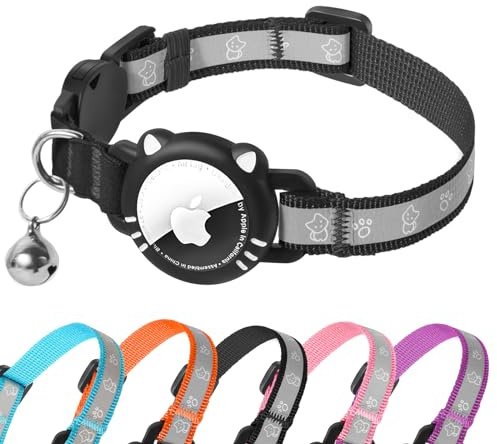Ytanest Airtag Cat Collar, Reflective Air Tag Cat Collar with Apple Air Tag Holder, Breakaway Tracker Gps Collar for Small Cats, Kittens and Puppies, Black, S(9-11 Inch)