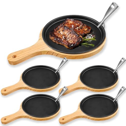 Mimorou Juego de 4 platos de fajita de hierro fundido de 9.45 pulgadas con bandeja de madera, mango de protección antiquemaduras, juego de sartenes de hierro fundido para restaurante, hogar, barbacoa,