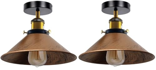 LEDSone Brushed Copper Ceiling Light Fitting 22cm 2 Pack with Bulb Included | E27 vintage metal cone shade close to ceiling lamp industrial ceiling rose for living room bedroom hallway kitchen
