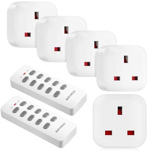 SURAIELEC Remote Control Plug Socket UK, 100Ft Wireless Light Switch, 13A/3120W Heavy Duty Remote Control Plug, Energy Saving Sockets for Home and Mobility Needs, 5-Socket with 2 Remotes