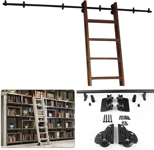 SJHKXAHY Hardware-Kit für Schiebeleitern für Bibliotheken | Gleitschienen aus rundem Rohr aus Karbonstahl | Rollschienensystem mit Rollen, robuste Schiene für interne Schiebetüren aus Holz in Scheune
