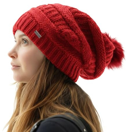 TOP-EX Damen Wintermütze 100% Wolle Grobstrick Beanie mit Kunstfell-Bommel | Schwerer Island-Strick, Fleece- oder Satinfutter, Stretchfit 56–62 cm, Kunstfell-Bommel, Pendeln, Wandern, Ski, Winterreisen