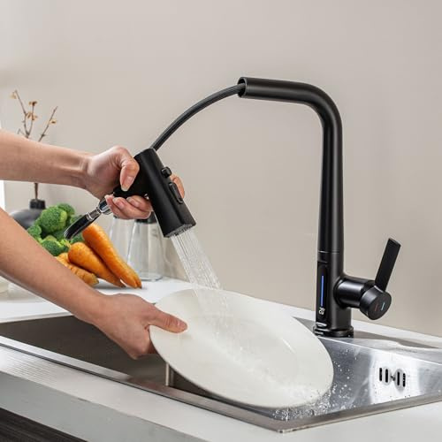 Rubinetto Lavello Cucina Nero Doccetta Estraibile con Della Temperatura LED | Rubinetto de Cucina con a 3 Modalità, Miscelatore Cucina Estraibile, Rubinetti Monocomando Cucina, Girevole a 360°,Nero Opaco