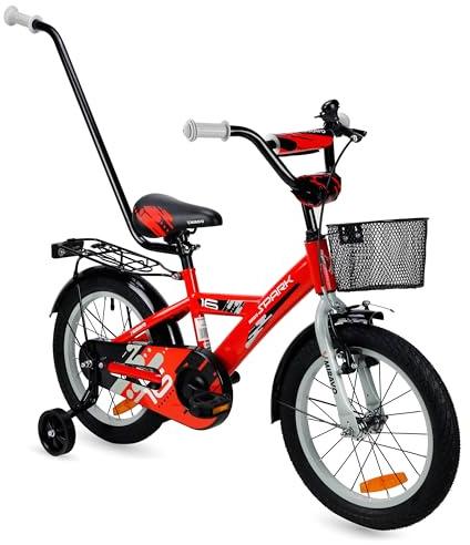 MIRAVO Kinderfahrrad 16 Zoll für Jungen von 4-6 Jahren mit Stützrädern und Schubstange - Leichtes Fahrrad für Kinder mit Korb - V-Brake Bremsen - Spark Rot Grau
