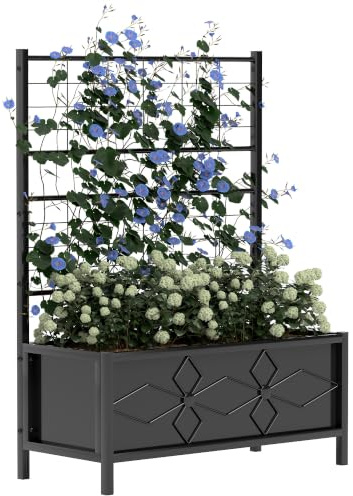 Outsunny Raised Bed for Garden with Trellis Planter 90 x 40 x 120 cm Black | Galvanised Planter Box, Diamond Pattern, Drainage Holes, for Vegetables, Herbs and Flowers