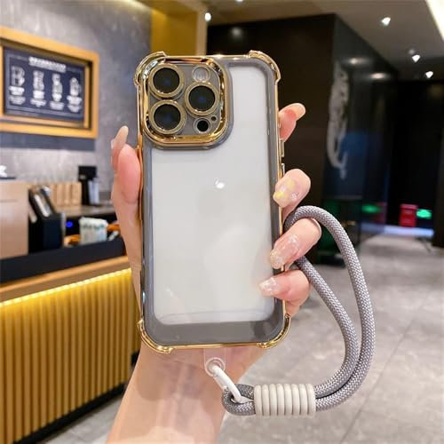 VFDHN Galvanisieren mit Lanyard Transparente Handyhülle für iPhone 15 14 13 12 11 16 Pro Max Plus Stoßstange Stoßfeste durchsichtige Abdeckung, grau, für iPhone 14
