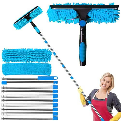 Hojalis 4.5M Window Squeegee Cleaning Equipment, Window Cleaning Kit with 10 Pole, Silicon Squeegee & 2 Microfiber Cloth Brush, 2 in 1 Extendable Window Cleaning Equipment for High Windows, Wall & Car