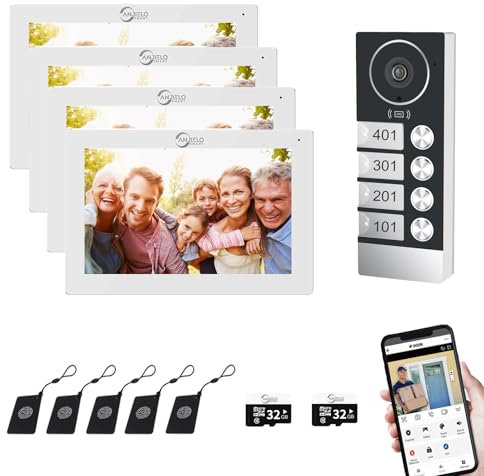 Sistema di videocitofono dell'appartamento cablato, 4 unità 7 pollici Touch Monitor, 3 in 1 sblocco, Dual Way Intercom Tuya per la casa Vally (bianco)
