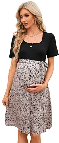 YesFashion Damen Elegant Umstandskleid Quadratischer Kragen Stillkleid mit Gürtel Sommer Schwangerschaftskleid Aprikose M