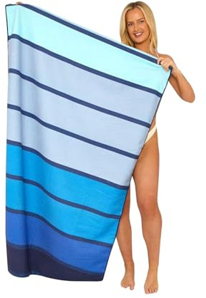 VELVETIO Beach Towel 100 x 180 cm, Extra Large 100% Microfiber Sand Free Towel for Adults, Lightweight Super Absorbent Printed Towel Sheet, Timberly Stripe Blue