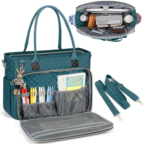 RAINSMORE Laptop Tote Bags for Women Teacher Work Bags 15.6 inch Large Nurse Bag Computer Messenger Briefcase with Insulated Pocket for Office College School University, Dark Green