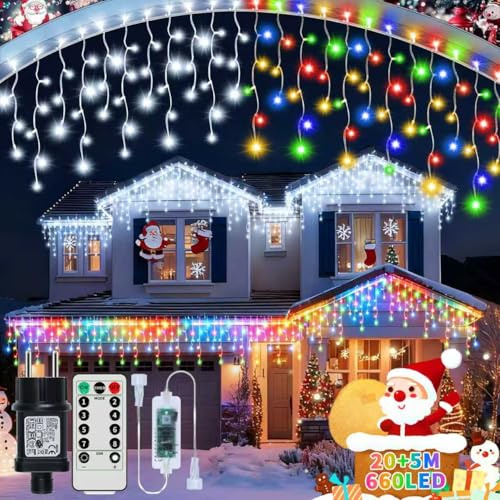 GCMacau Eisregen Lichterkette Außen, 20+5M 660 LED Weihnachtsbeleuchtung Eisregen Außen mit 8 Modi Fernbedienung, IP65 Wasserdicht Lichtervorhang für Dachkante Balkon Weihnachtsdeko, Kaltweiß++Bunt