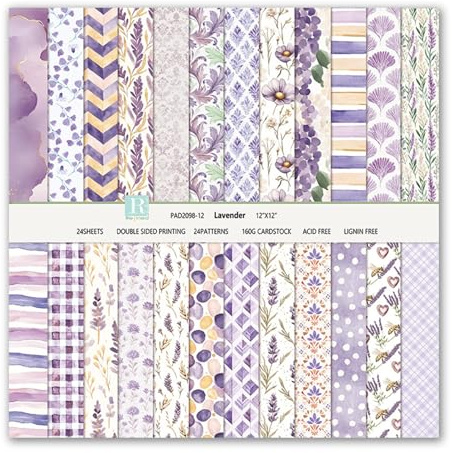 MerwDeeyt Scrapbook Papier Blumen Muster Bastelpapier (Hellviolett) | 24 Blat, Doppelseitiges, 30,5x30,5 cm/12x12 in, Boho Dekorpapier, Buntes Motivpapier, für Journal Scrapbooking