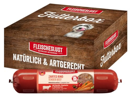 Fleischeslust Hundewurst | Zartes Rind mit Karotte, Hagebutte & Kürbiskernen | Futterbox (6x800g) | Nassfutter | schnittfest | getreidefrei | Alleinfuttermittel für ausgewachsene Hunde