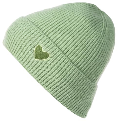 styleBREAKER Damen Strick Beanie mit Herz Stickerei & Fleece Futter | Warme Wintermütze Einheitsgröße 56-59 cm | Weiche gefütterte Beanie Mütze, Farbe:Hellgrün