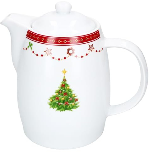 MamboCat Kanne Weihnachtstraum aus Porzellan 850ml I weiße Kanne mit Henkel & Deckel für Tee & Kaffee I festliches Weihnachts-Dekor mit Tannenbaum & Sternen