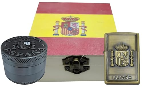 Mechero Recargable Grabado con Escudo de España + Molinillo de Especias y Hierbas de 4 Piezas + Caja de Madera 10x10x5 cm. (Plateado)