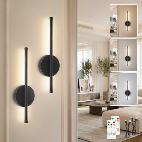 TaoFiaCo 40 cm LED Wandleuchte Innen Akku, Schwarz, 2 Stück | Wandlampe mit Fernbedienung, 3 Farbtemperatur Dimmbar, LED Akku Wandleuchte Kabellos für Wohnzimmer Schlafzimmer Esszimmer
