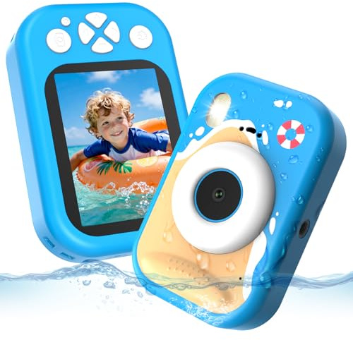 CHAKEYAKE Camara Acuatica Infantil, IP67 1080P Cámara subacuática con Zoom 10X, Pantalla de 2.4”, Tarjeta 32GB, Juguete para Piscina y Playa, Regalo para Niños y Niñas de 3–12 Años, Azul
