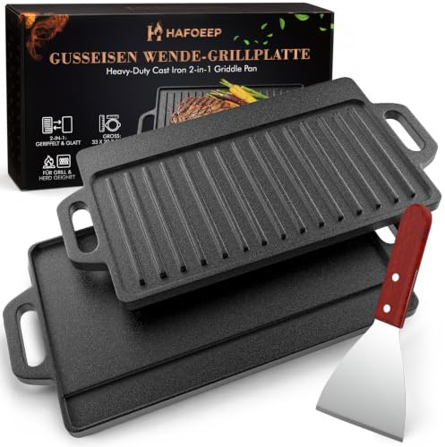 HAFOEEP Grillplatta i gjutjärn, 2-i-1 emaljerad vändbar grillplatta för gasgrill, kolgrill, spis och ugn, 40 x 20 cm, inklusive grillspatel, BBQ grilltillbehör för biff, kött, fisk och grönsaker