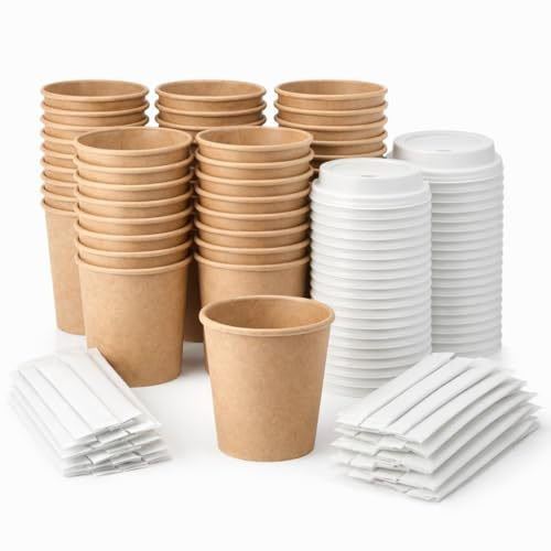 GASTROTOMI Vasos Desechables Café 120 ml, 200 unidades con Tapa y Paletinas Enfundadas – Vasos de Cartón Desechables para Llevar, Resistentes para Bebidas Calientes, Hostelería y Eventos