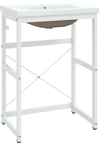 Mhdvray Lavabo da bagno con lavandino bianco, lavabo moderno con struttura in metallo in ferro, 61 x 39,5 x 83 cm, lavabo da incasso in ceramica con troppopieno per bagno e lavanderia