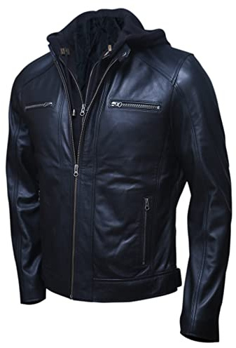 Men’s Genuine Lambskin Motorcycle Leather Jacket Black | Distressed Brown Vintage Biker Leather Jackets For Men (Large, Black)