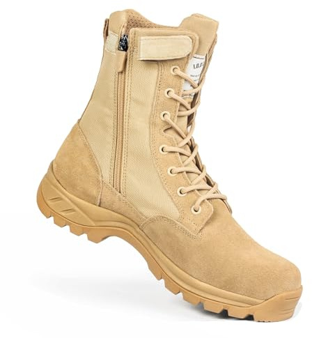 IODSON Men's Military Tactical Work Boots with Side Zipper, Puncture Resistant, Desert Combat, Army Jungle, 8 Inch Lightweight Hiking Boots Beige US 8.5