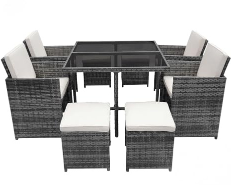Panana 8 Seater Rattan Garden Dining Set with Table, 4 Chairs & 4 Stools, Cube Space Saving Outdoor Furniture for Patio, Conservatory & Garden