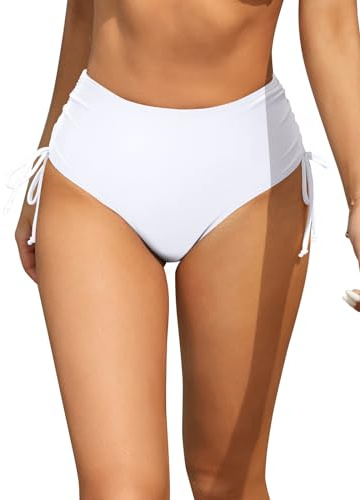 SHEKINI High Waist Damen Badeshorts Badeanzug Retro Bauchweg Schwarz Bikinihose Abdominal Kontrolle Ruched Klassische Badehose Große Größe（L, Weiß C）