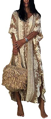 Orshoy Womens Bathing Suit Maxi Beach Cover Ups Beautiful Print Kaftan Dress Summer Swimsuit Swimwear A-Coffee