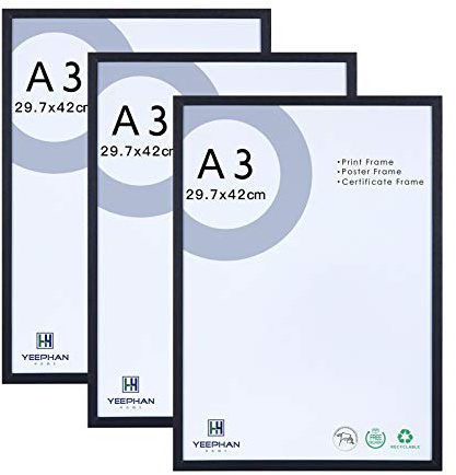 YEEPHAN A3 Bilderrahmen, Schwarz, Massivholzrahmen, 29,7 x 42 cm, mit Kunststoffglasfront, für Bilder/Poster/Zertifikatrahmen für A3, Wandmontage, 3 Stück