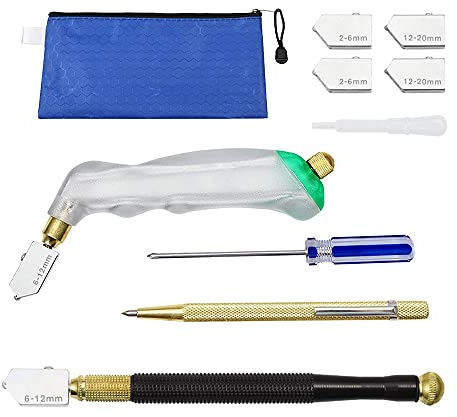 LEONTOOL Glasschneider-Werkzeug-Set, Bleistift-Stil und Pistolengriff, Glasschneider, 4 extra Klingen 2 mm-20 mm, Öltropfer, Wolfram-Schreiberstift, Schraubendreher mit blauer Aufbewahrungstasche