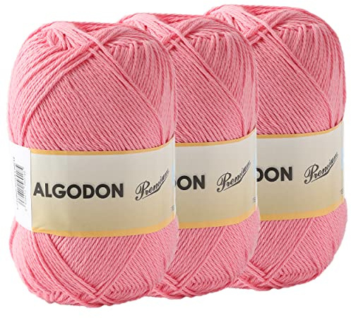 Baumwollgarn 100% Baumwolle 220 Meter zum Stricken und Häkeln, Packung mit 3 x 100g, Farbe Kaugummi-rosa