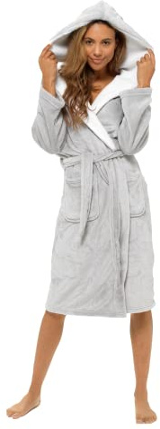 INSIGNIA Ladies Dressing Gown Fluffy Super Soft Hooded (UK, Alpha, M, Regular, Regular, Light Grey)