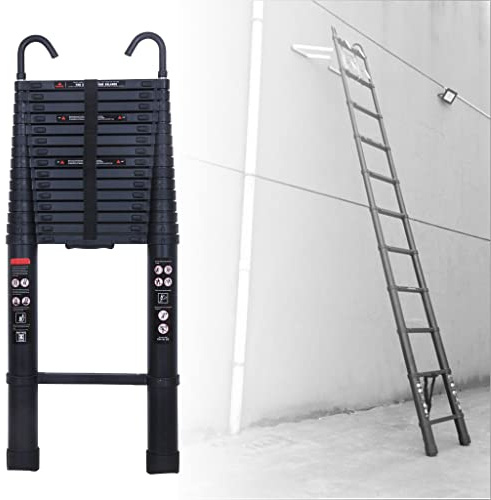 Alu Teleskopleiter 5m mit 2 Haken, Alu Klappleiter Ausziehbar Dachbodenleiter Klappbar mit 13 Sprossen, rutschfest Leichte Leiter Leicht zu Tragen, 150kg Tragkraft, EN131