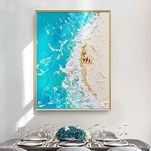 LCDIUDIU Leinwand Bilder, Blaue Textur Meer Strand Wellen Familie Landschaft Moderne Abstrakte Kunstwerke Handgemalte Ölgemälde Auf Leinwand Wandkunst Für Wohnzimmer Schlafzimmer Büro Wohn