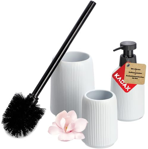 KADAX Badezimmer Zubehör Set, Modernes Badzubehör, Badaccessoires aus Keramik, Bad Accessoires (Weiß: Zahnbürstenhalter, Seifenspender, WC-Bürste)