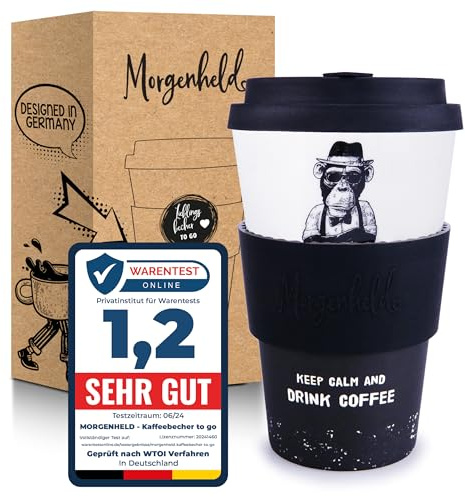 Morgenheld Kaffeebecher to go Porzellan 380 ml, Monkey, BPA-frei | Wiederverwendbarer Trinkbecher mit auslaufsicherem Silikondeckel, plastikfrei verpackt – perfekt für Büro, Kaffee und Tee