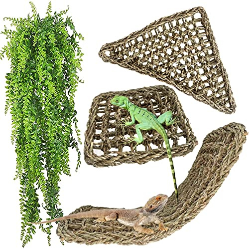 MUYG Reptilien-Hängematte, große Eidechsenliege, Bartagrachen-Zubehör, natürliches Seegras, Hängematten, Flexible Kletterranken, Dekoration für Gecko-Schlangen, Chamäleon, 4 Stück