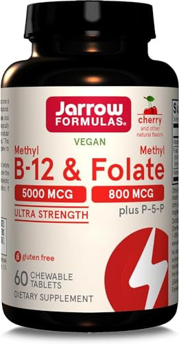 Jarrow Formulas, Methyl B12 5.000mcg/Methyl Folate 800mcg, Depósito de 10 Días, Sabor Cereza, 60 Comprimidos veganos, Probado en Laboratorio, Sin Gluten, Vegetariano, Sin Soja, Sin OGM