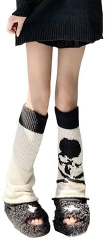 NEFLUM Gestrickte ausgestellte Beinstulpen für Damen, Gothic, Punk, Harajuku, Totenkopf, Skelett, dehnbar, kniehohe Fußabdeckung, Streetwear, lange Socken