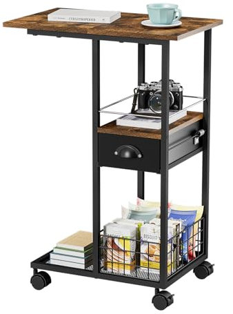 Tavolino a C con ruote, comodino con cassetto per letto o divano, tavolino da salotto con struttura in metallo, tavolo per soggiorno, camera da letto o ufficio domestico