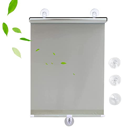 KGUDYS Blackout curtains with suction cups,30-75cm wide sunscreen roller blinds,automatic retractable sunshades,free-perforated,portable temporary blinds for doors and windows,Grey-35x125cm/14x49in