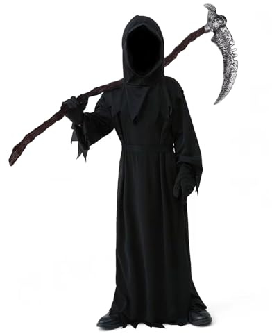 YIMOJOY Halloween Costume Inquietante Mietitore Bambini con Falce, Maschere, Guanti - Bambini Costume Mietitore Ragazzo Halloween Costume per bambini Carnevale Cosplay (S:5-7 anni)