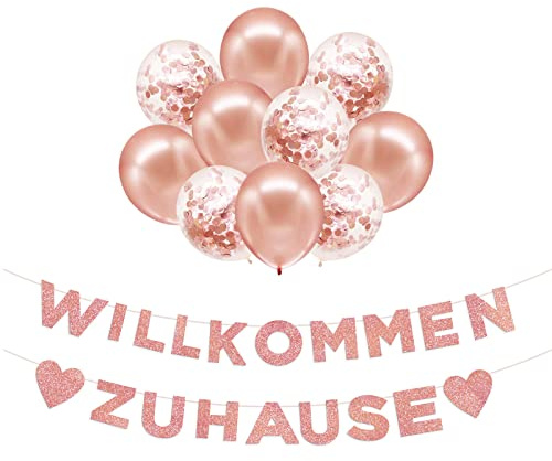 YSUVIN Welcome Home Deko, Willkommen Zuhause Girlande mit Welcome Home Banner und 10 Roségold Luftballons für Einweihungsparty, Zuhause, Geburt, Fest Dekorations